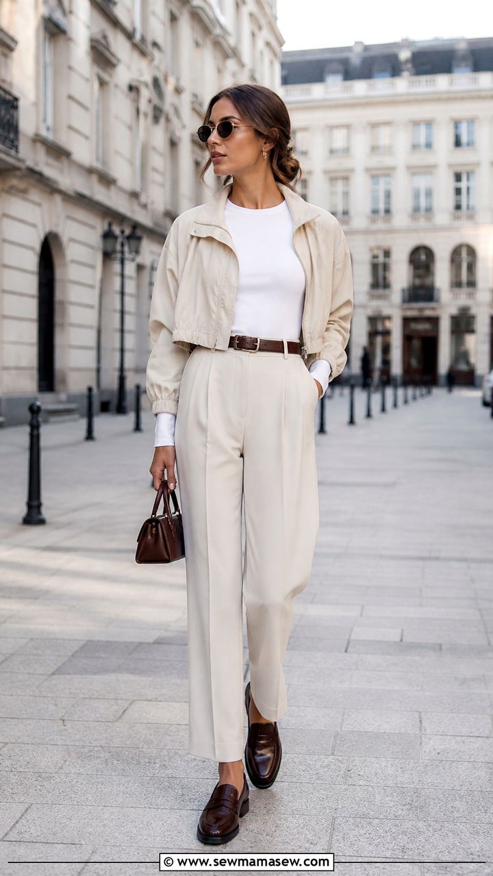 Cropped windbreaker with high waisted trousers outfit - 40 windbreaker outfits