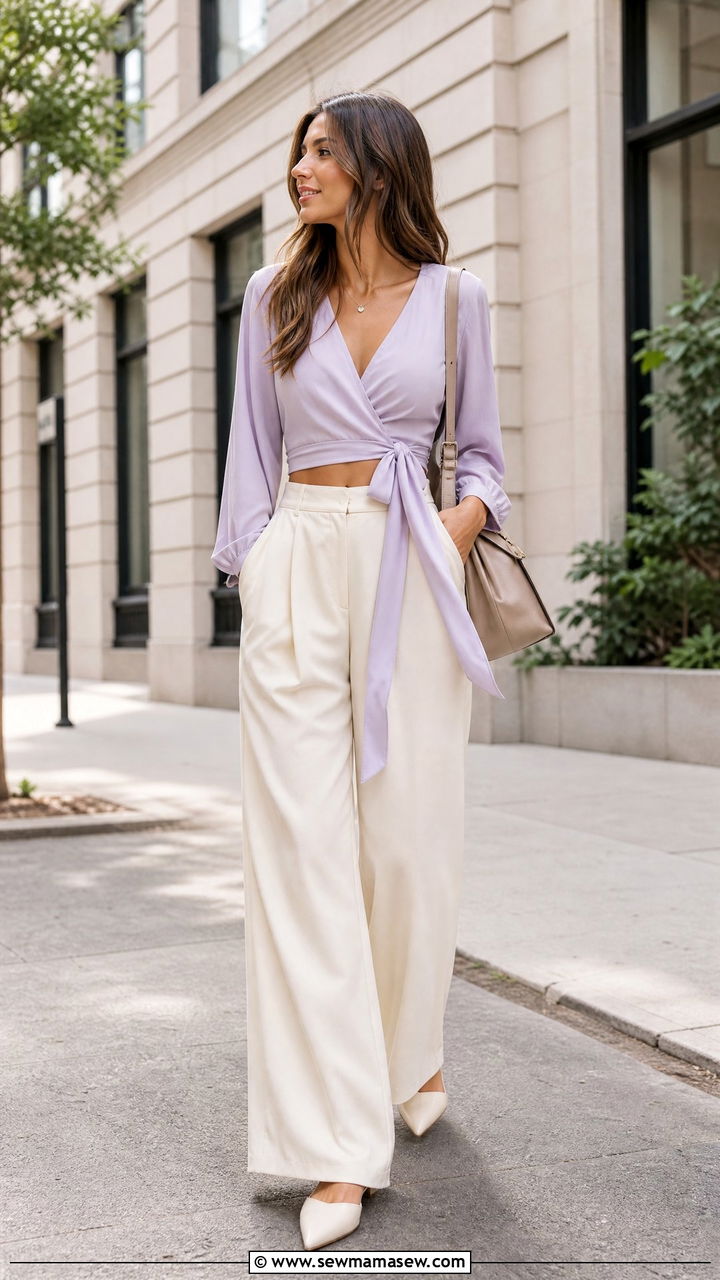 Cropped wrap blouse with high waist wide leg trousers - 30 Summer outfits for tall women