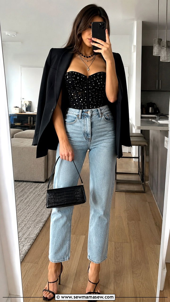 Crystal and Velvet Corset Top with Straight Leg Denim Outfit - 30 maximalist outfits 2026