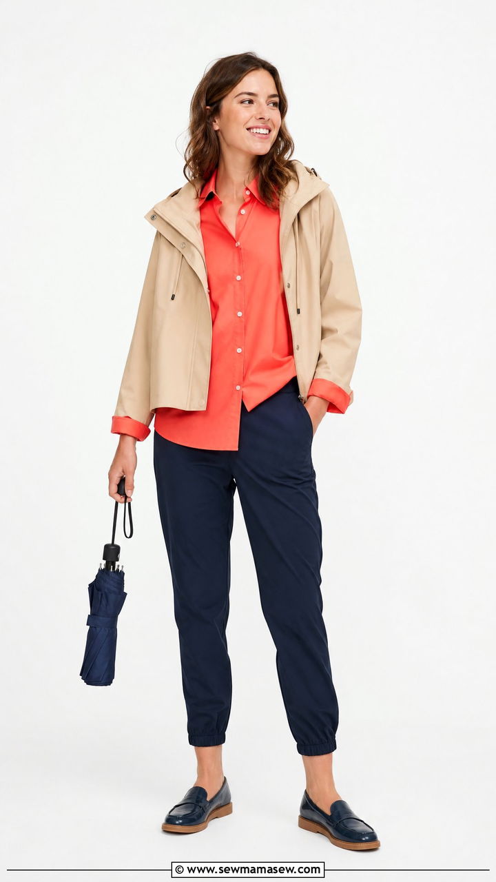 Cuffed Ankle Trousers with Vibrant Shirt and Rain Layer - 30 summer rainy day outfit ideas