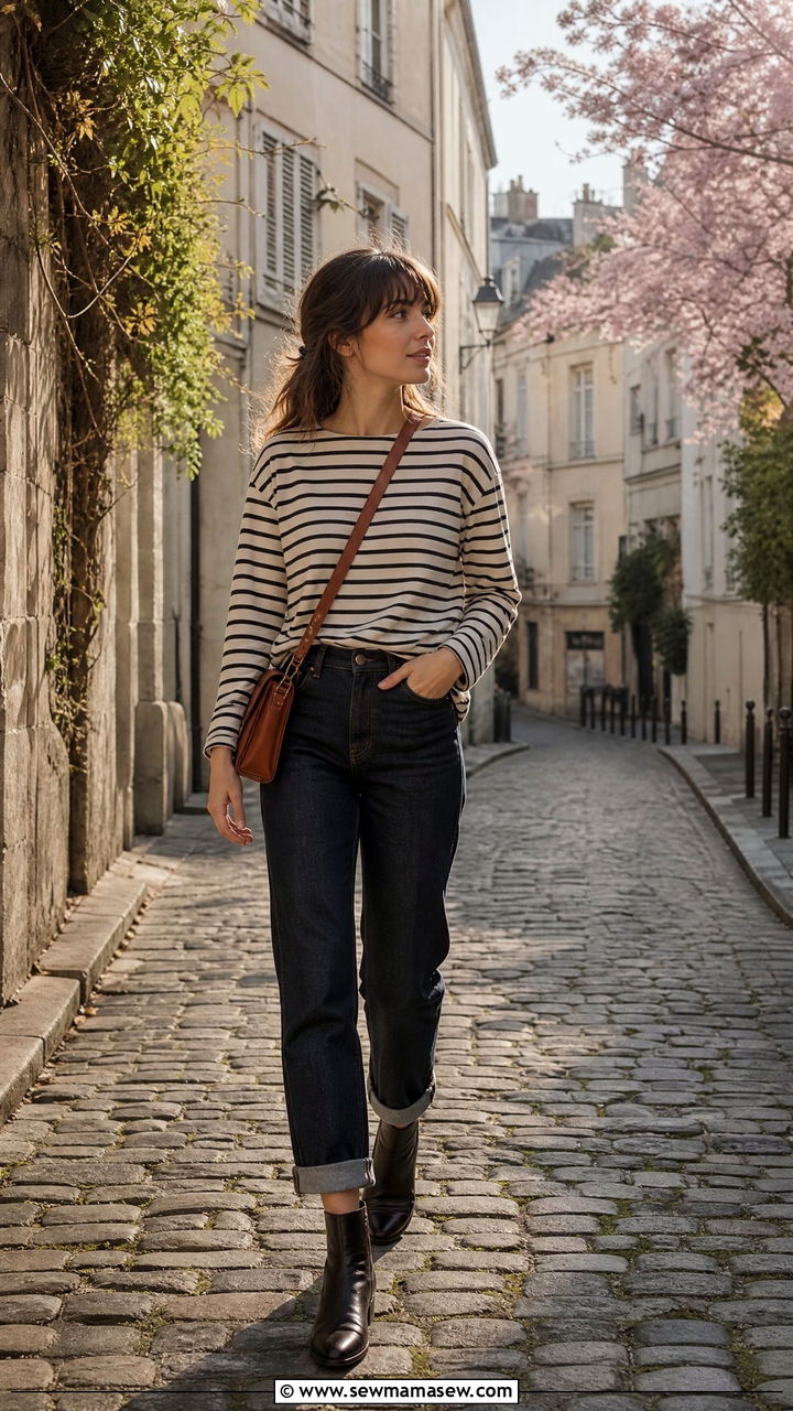 Cuffed Dark Denim With a Breton Sweater and Ankle Boots - 35 French girl spring outfit ideas