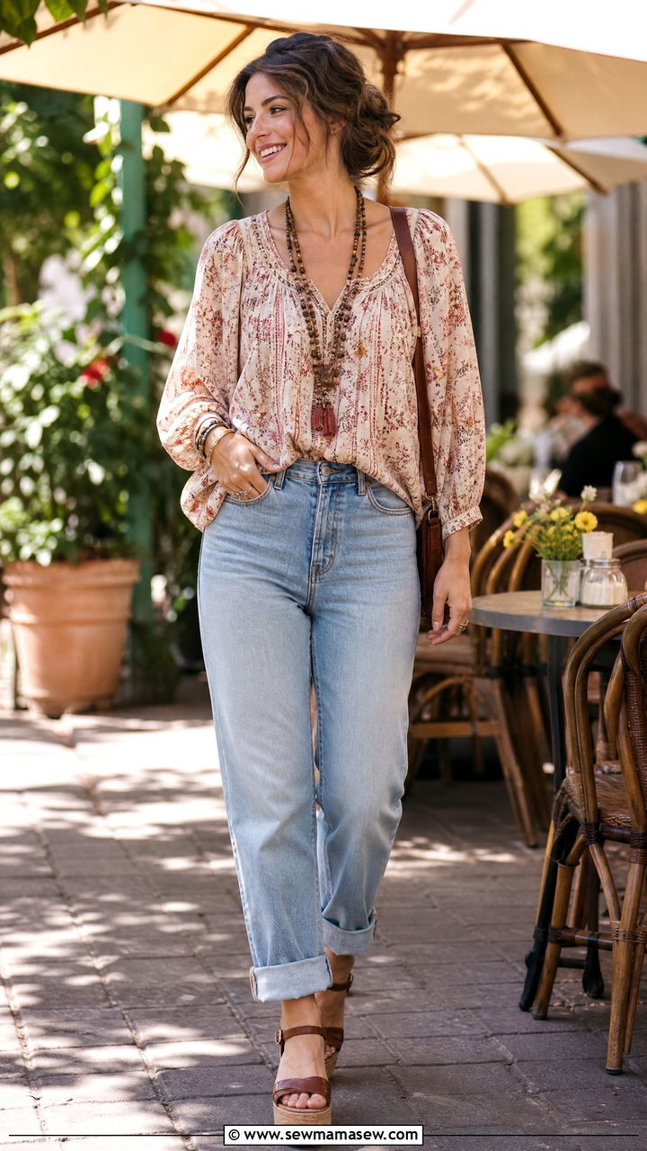 Cuffed Denim Jeans And Boho Blouse - 30 summer vintage outfit ideas