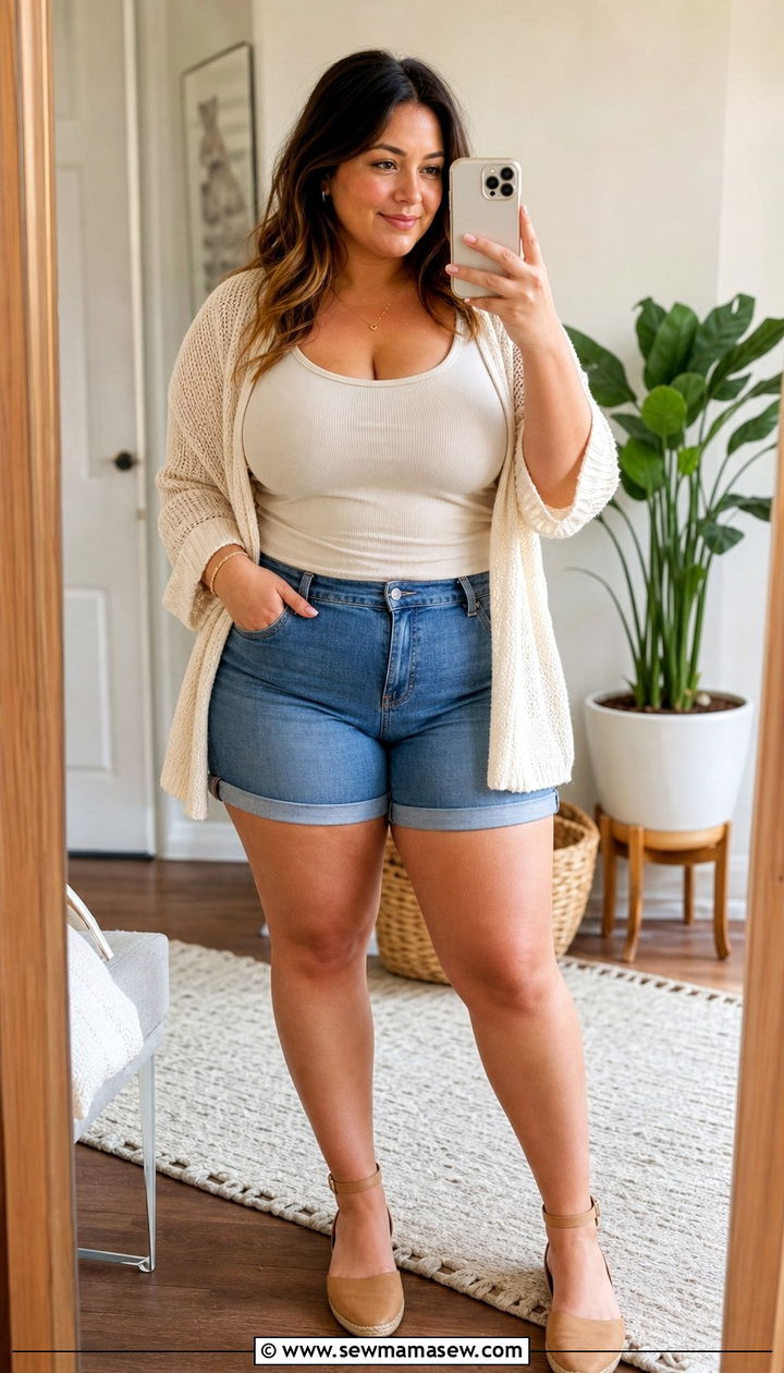 Cuffed Denim Shorts with Lightweight Cardigan - 25 Denim shorts outfit ideas plus size