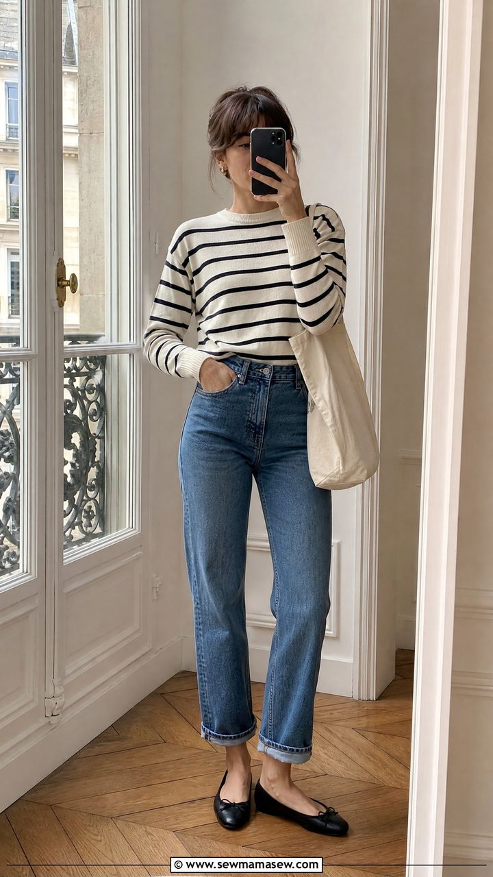 Cuffed Jeans And Striped Sweater Look - 25 jeans outfits aesthetic