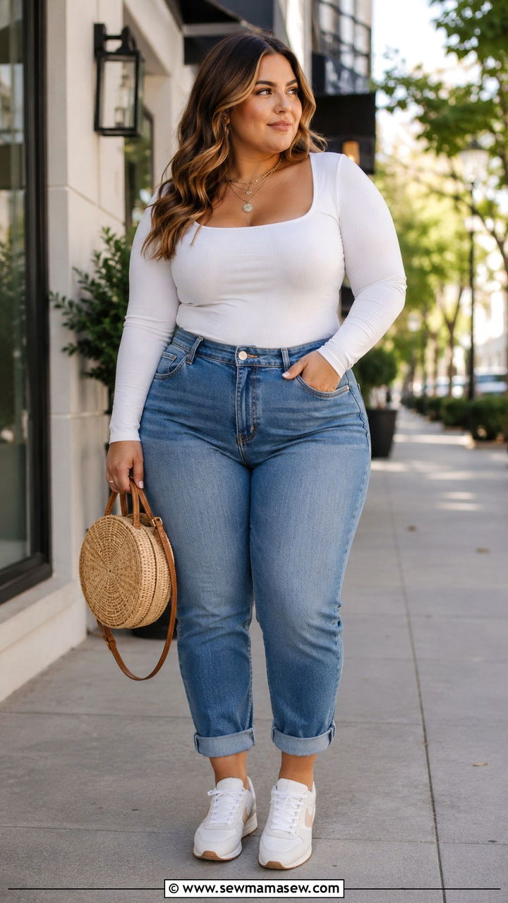 Cuffed Jeans And White Bodysuit - 25 Plus size outfit ideas size 16 summer
