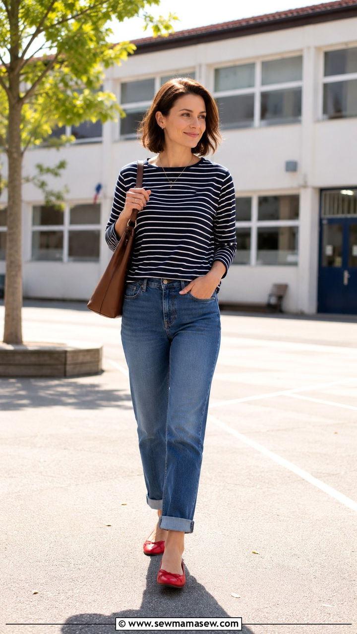 Cuffed Jeans With Breton Top And Red Ballet Flats - 30 Teacher outfits with jeans