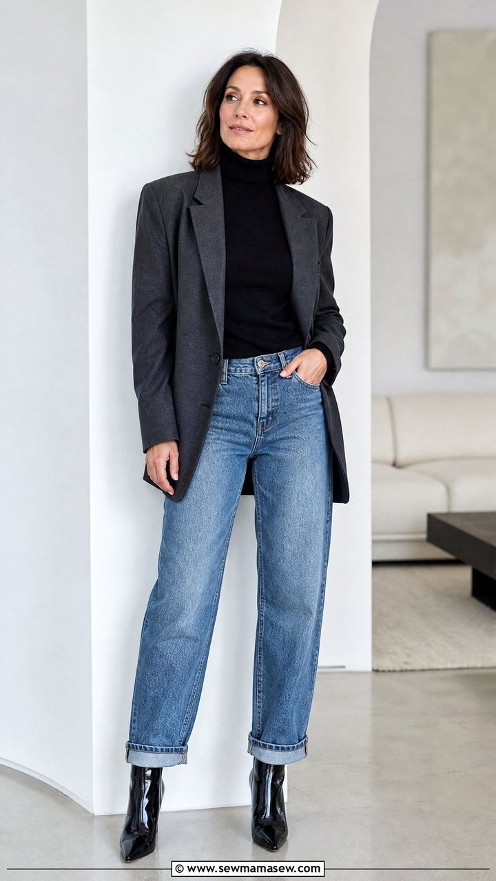 Cuffed Jeans with Patent Leather Boots - 20 Jeans and boots outfit ideas over 40
