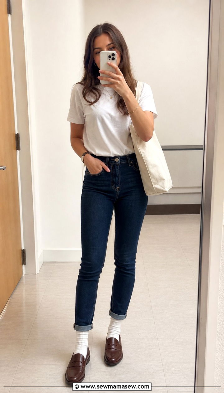 Cuffed Skinny Jeans with Penny Loafers and Ankle Socks - 25 Skinny jeans outfit ideas with loafers