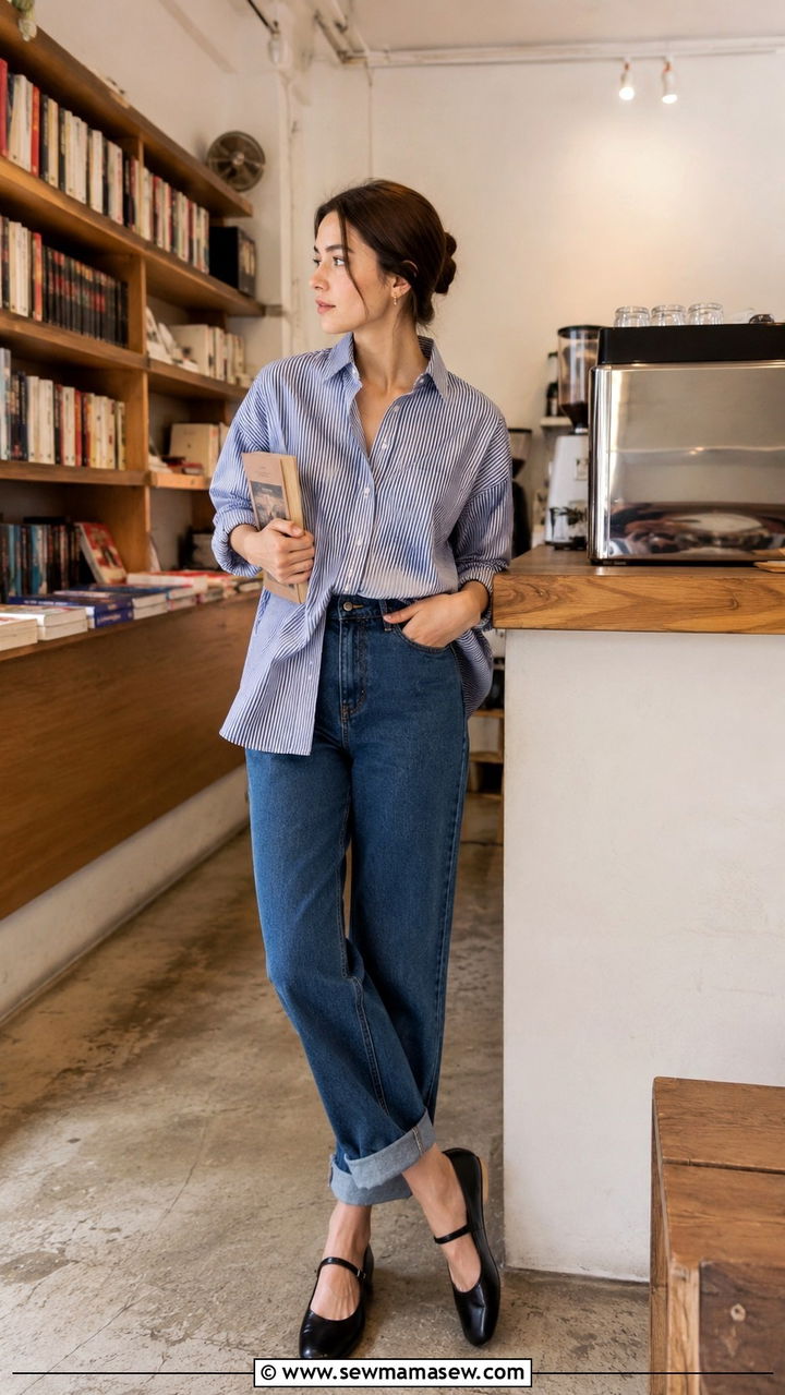 Cuffed Straight Leg Jeans With Oversized Striped Button Down And Mary Janes - 30 Straight leg jeans outfit ideas with a button down