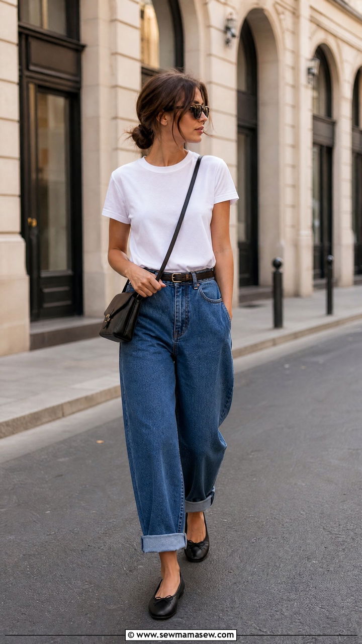 Cuffed baggy jeans with ballet flats and white tee - 25 How to style baggy jeans