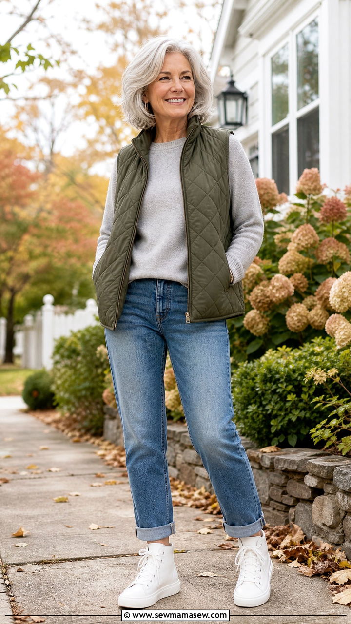 Cuffed jeans with high top sneakers outfit - 35 Jeans and sneakers outfit ideas over 50