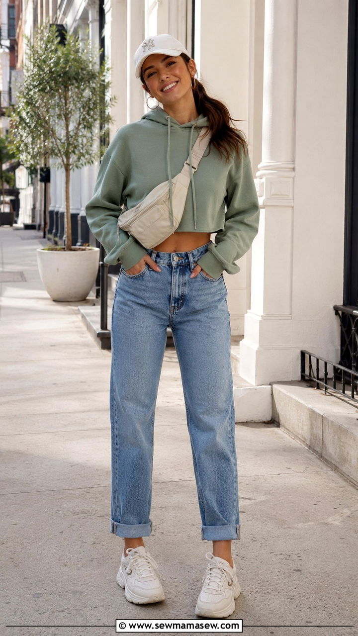 Cuffed jeans with hoodie and chunky sneakers - 30 Tall women jeans outfit ideas