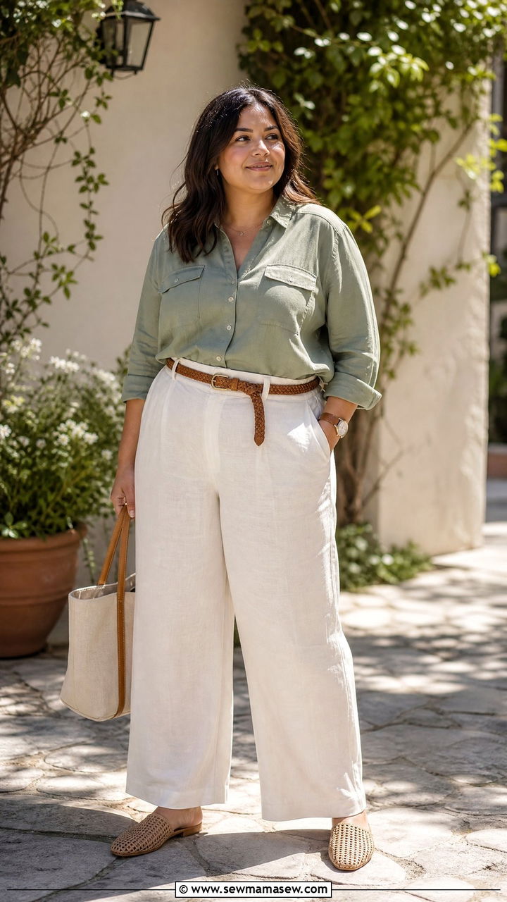 Cuffed sleeve utility shirt and wide leg linen trousers - 30 Summer outfits for midsize women
