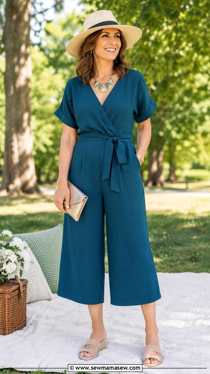 Culotte Jumpsuit And Wedge Sandals Picnic Look - 30 Picnic outfits for women over 40