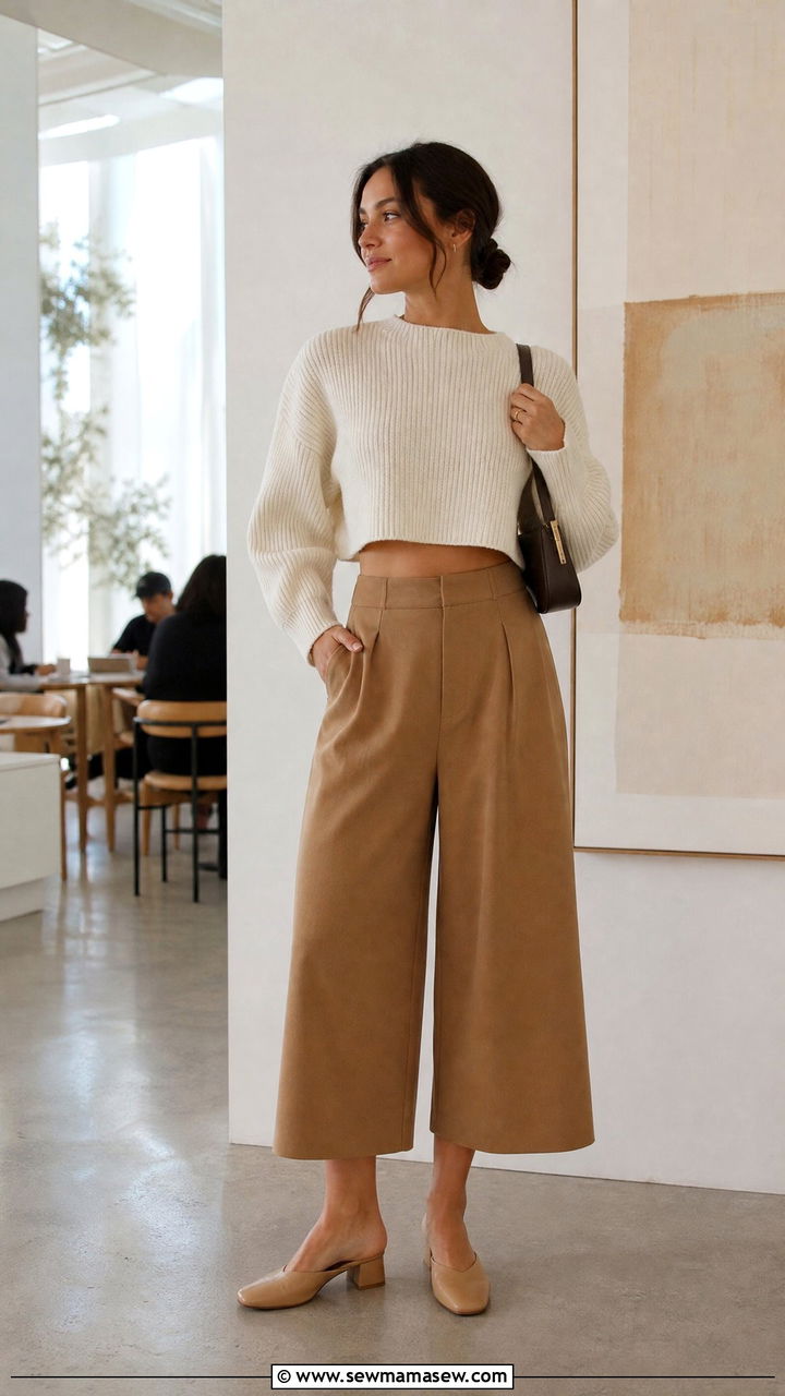 Culotte Pants With Cropped Sweater For Brunch - 25 Brunch outfit ideas with friends casual