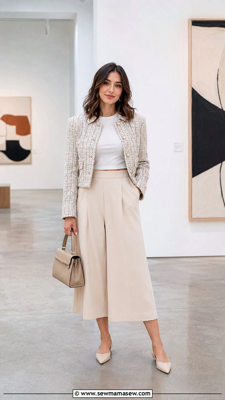 Culotte Pants With Cropped Tweed Jacket - 25 Beauty conference outfit ideas