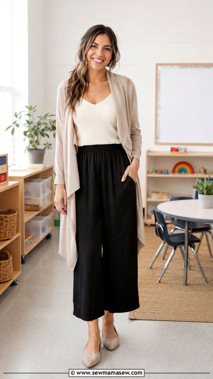 Culotte pants and camisole with cardigan preschool teacher outfit - 25 Preschool teacher outfit ideas