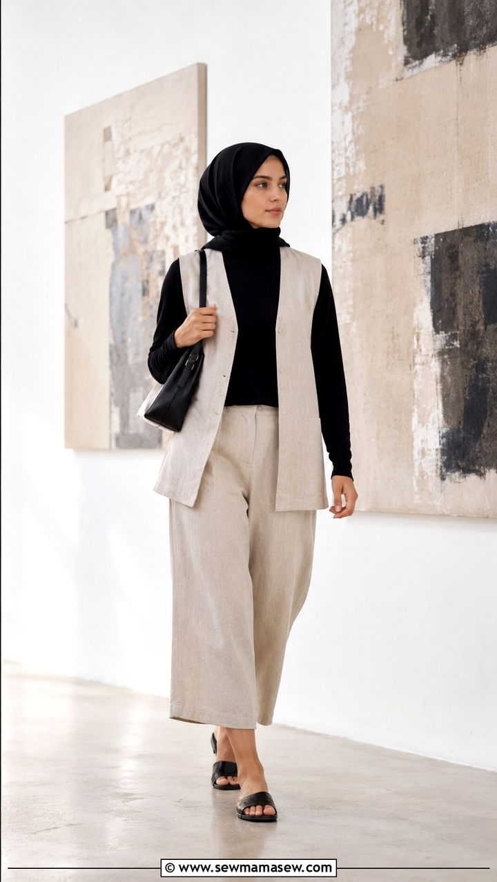 Culotte trousers with sleeveless vest over long sleeve top outfit - 20 Modest outfit ideas for Turkey