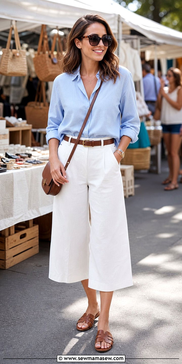 Culottes And Button Down Shirt - 25 spring trousers outfit ideas