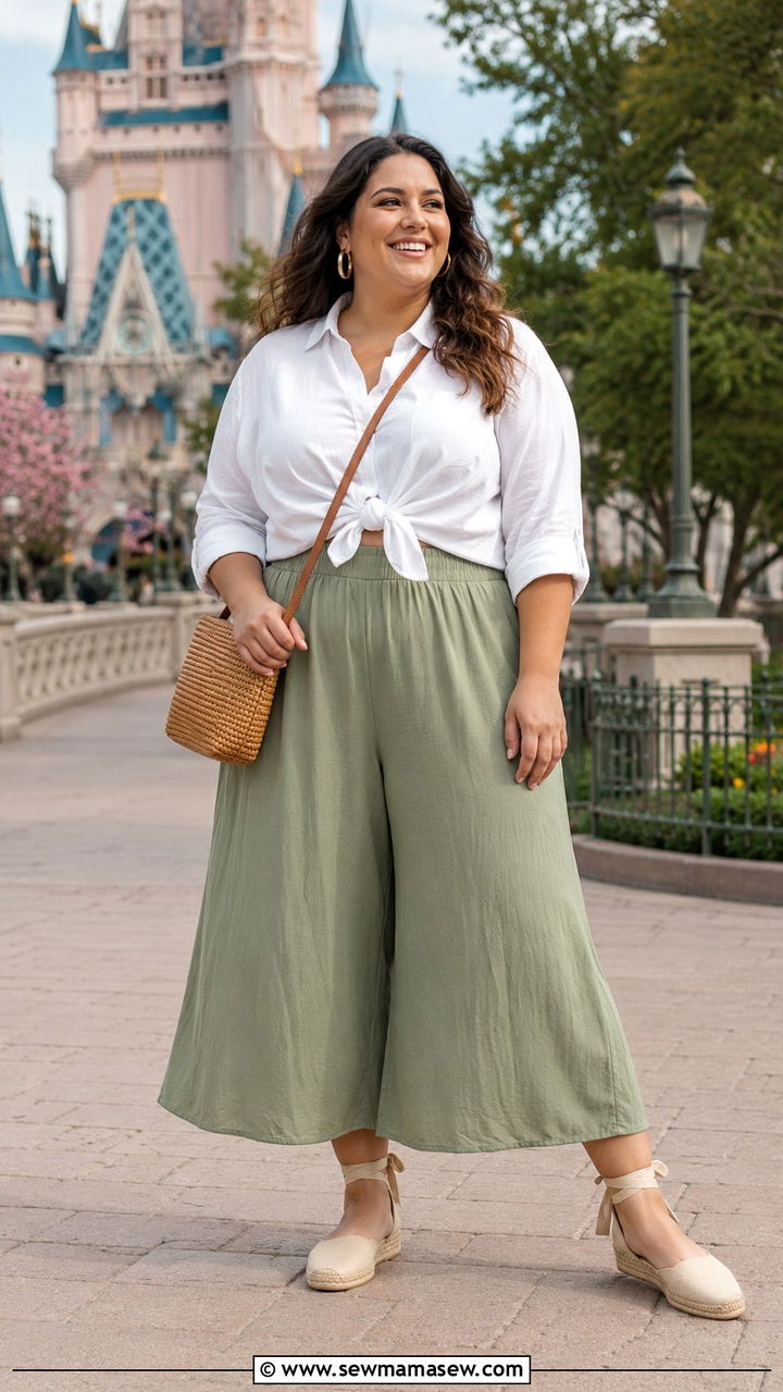 Culottes Button Down Shirt and Espadrille Flats - 30 Plus size theme park outfit ideas