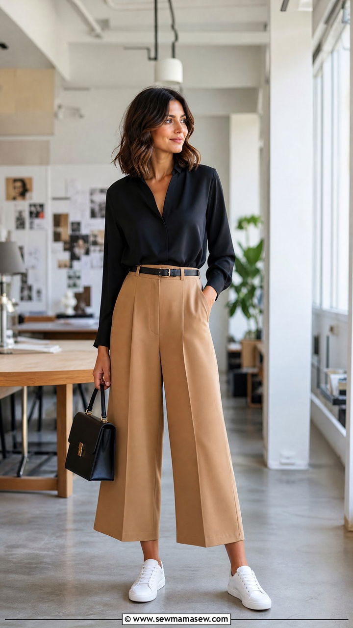 Culottes Paired with White Sneakers for Work - 25 How to style white sneakers for work