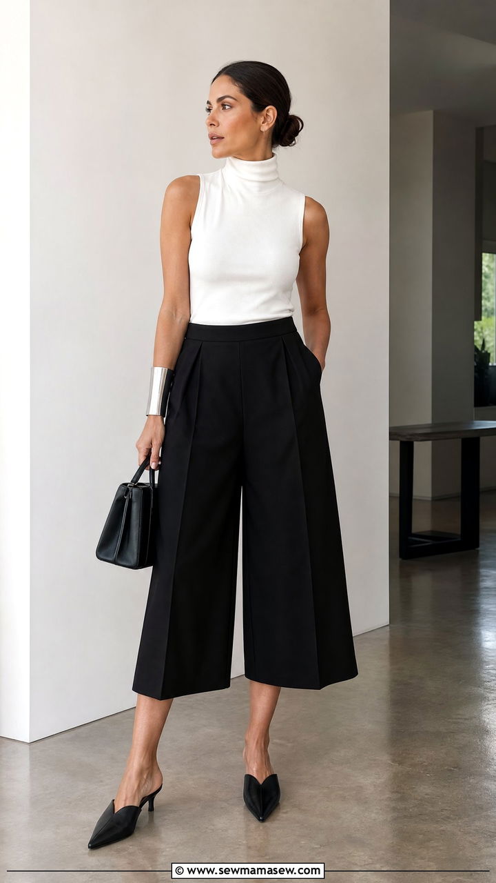 Culottes With A Fitted Turtleneck Sleeveless Top - 30 summer trousers outfit ideas