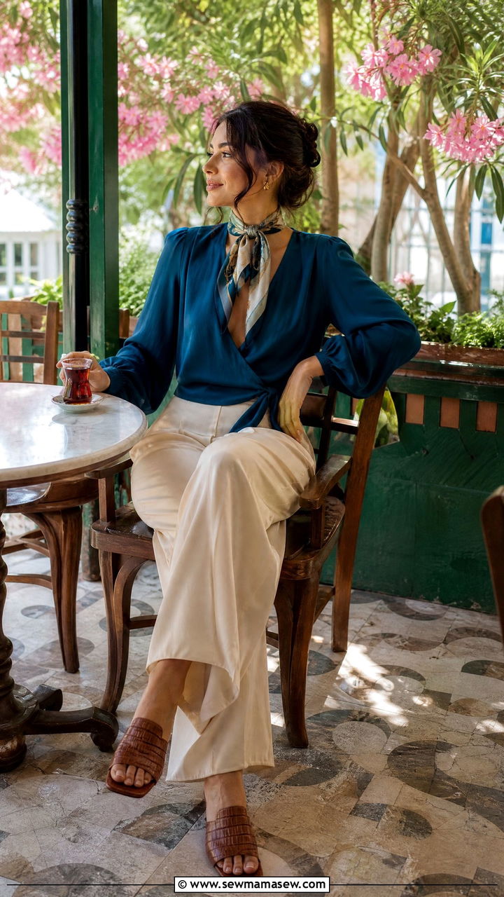 Culottes With A Wrap Blouse And Mules - 25 Turkey vacation outfit ideas