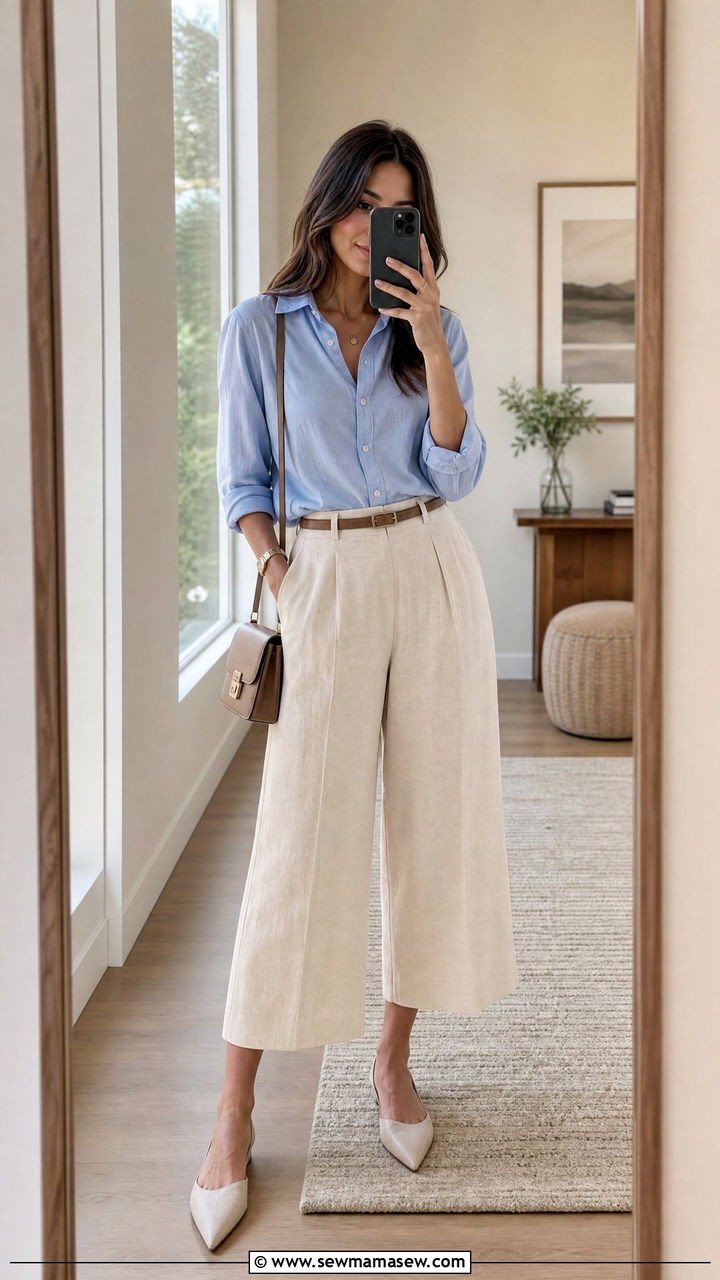Culottes With Button Down Blouse - 30 Summer capsule wardrobe modest