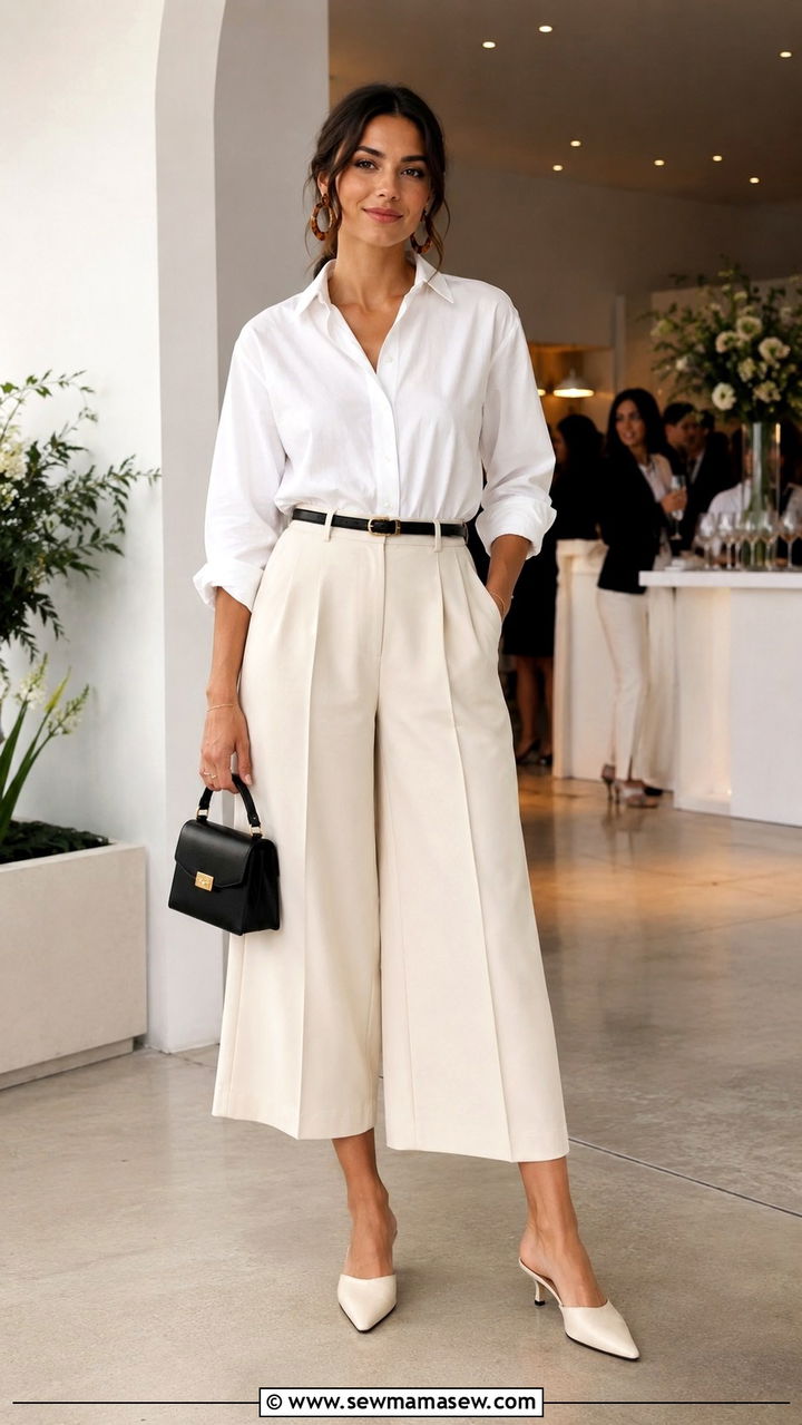 Culottes With Button Up Shirt and Kitten Heels - 25 Old money outfit ideas with kitten heels