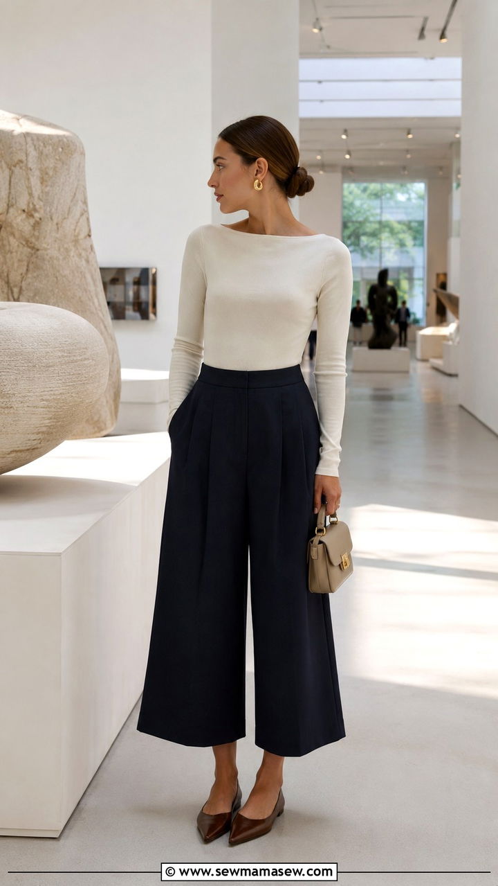 Culottes With Fitted Bodysuit And Pointed Flats - 30 spring museum day outfit ideas