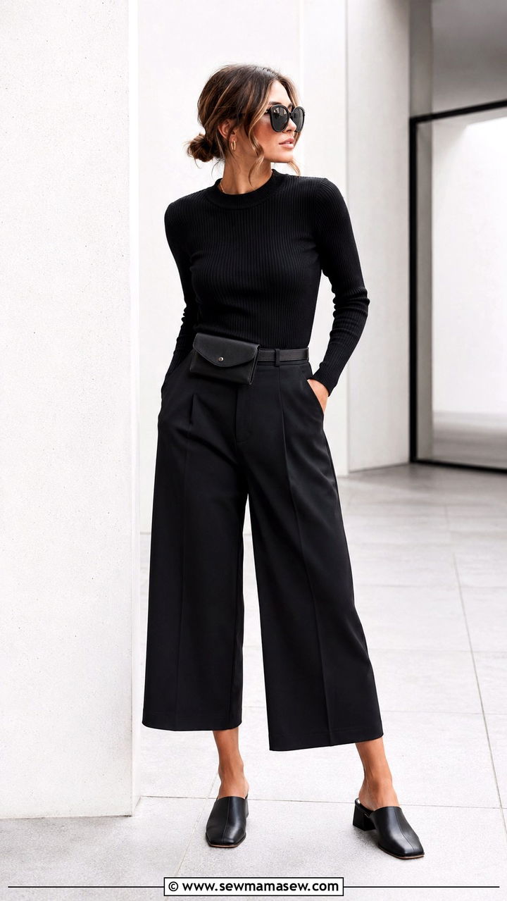 Culottes With Fitted Top and Mules - 30 trousers outfit ideas for women