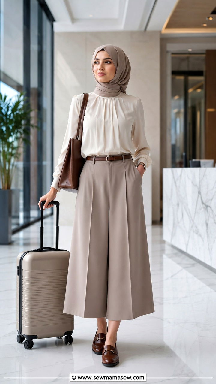 Culottes With High Neck Blouse And Leather Loafers - 30 Modest travel outfit ideas