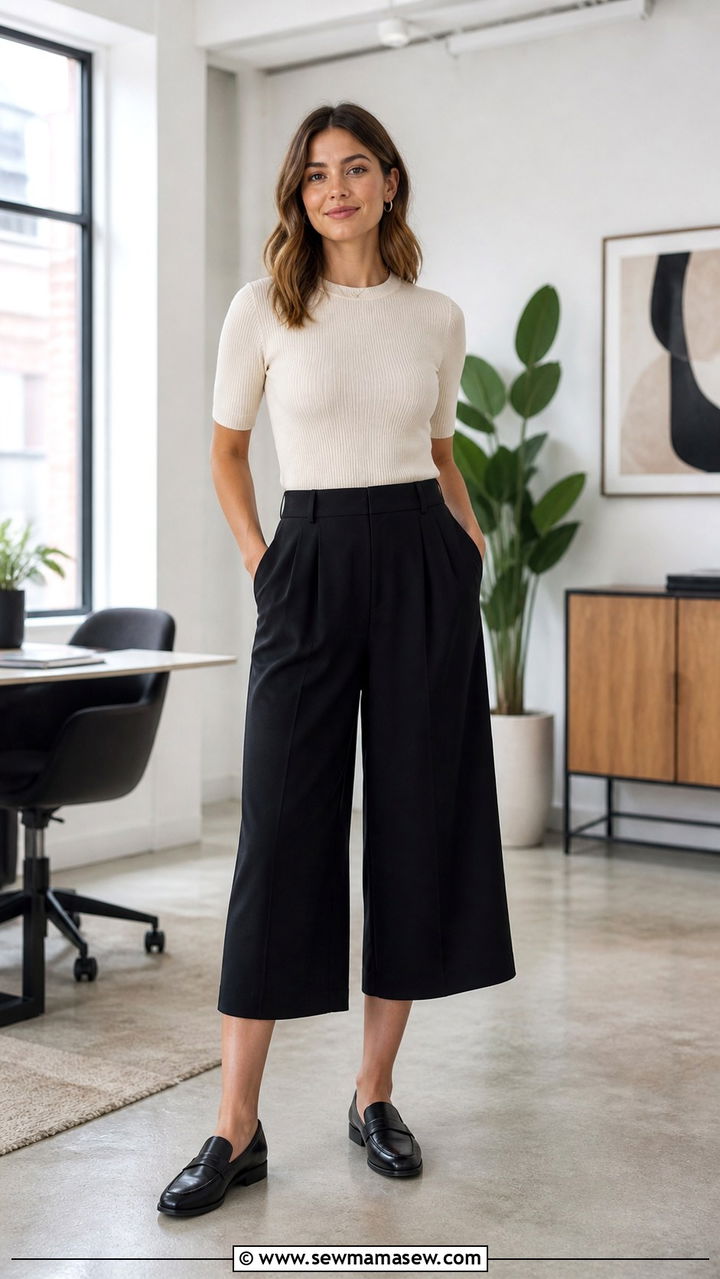 Culottes With a Fitted Knit Top - 40 Casual office outfit ideas