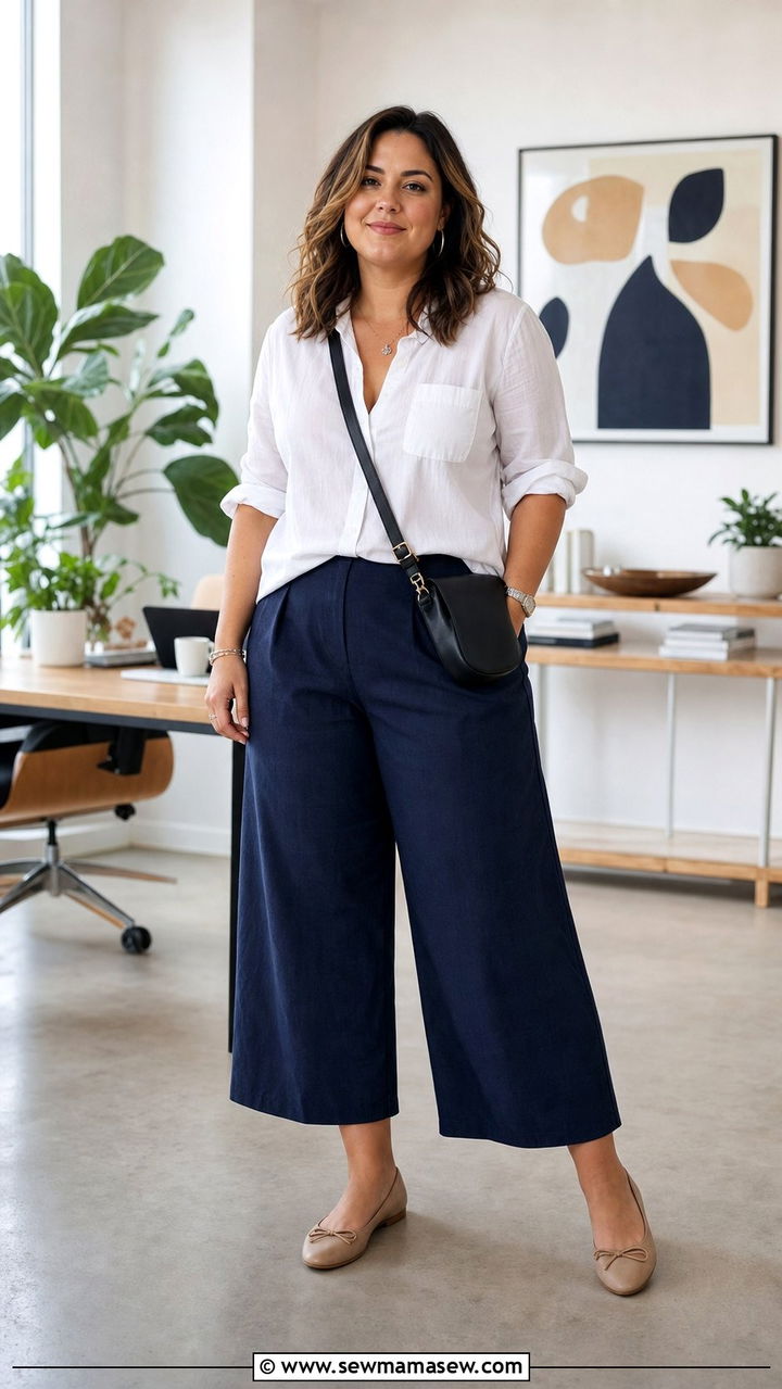 Culottes and Button Up Shirt Outfit - 35 Business casual outfits for curvy women