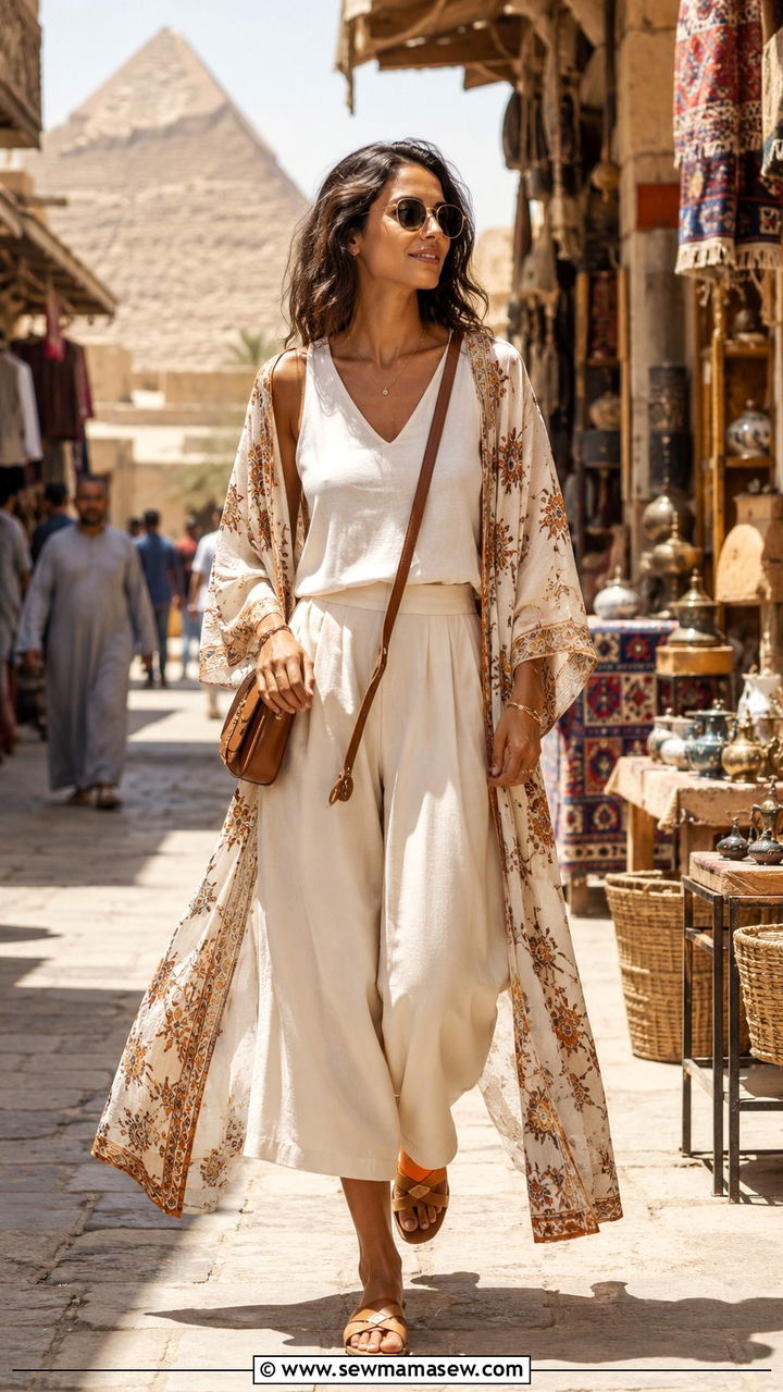 Culottes and kimono cover up outfit for Egypt - 20 Modest outfit ideas for Egypt