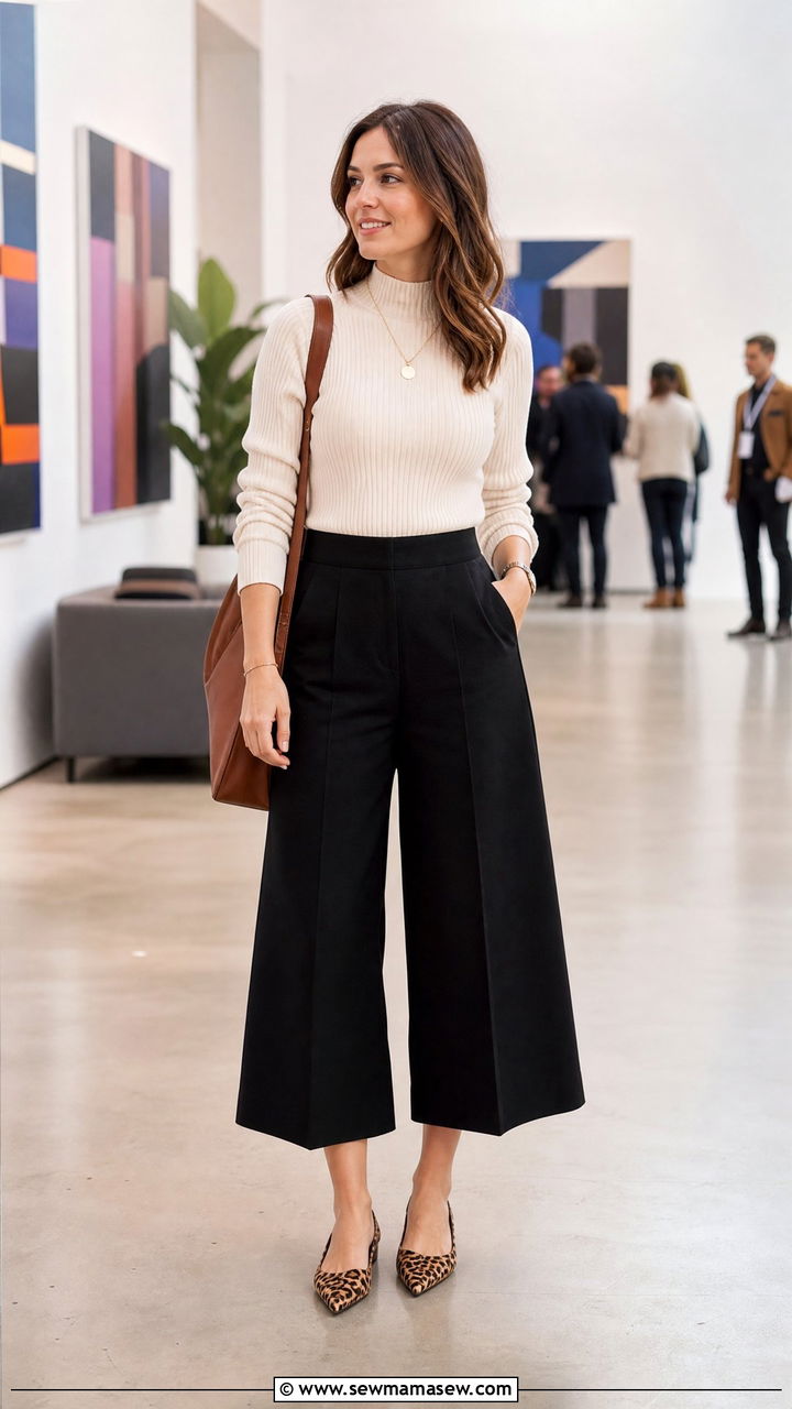 Culottes and mock neck top with pointed toe flats - 35 Marketing conference outfit ideas