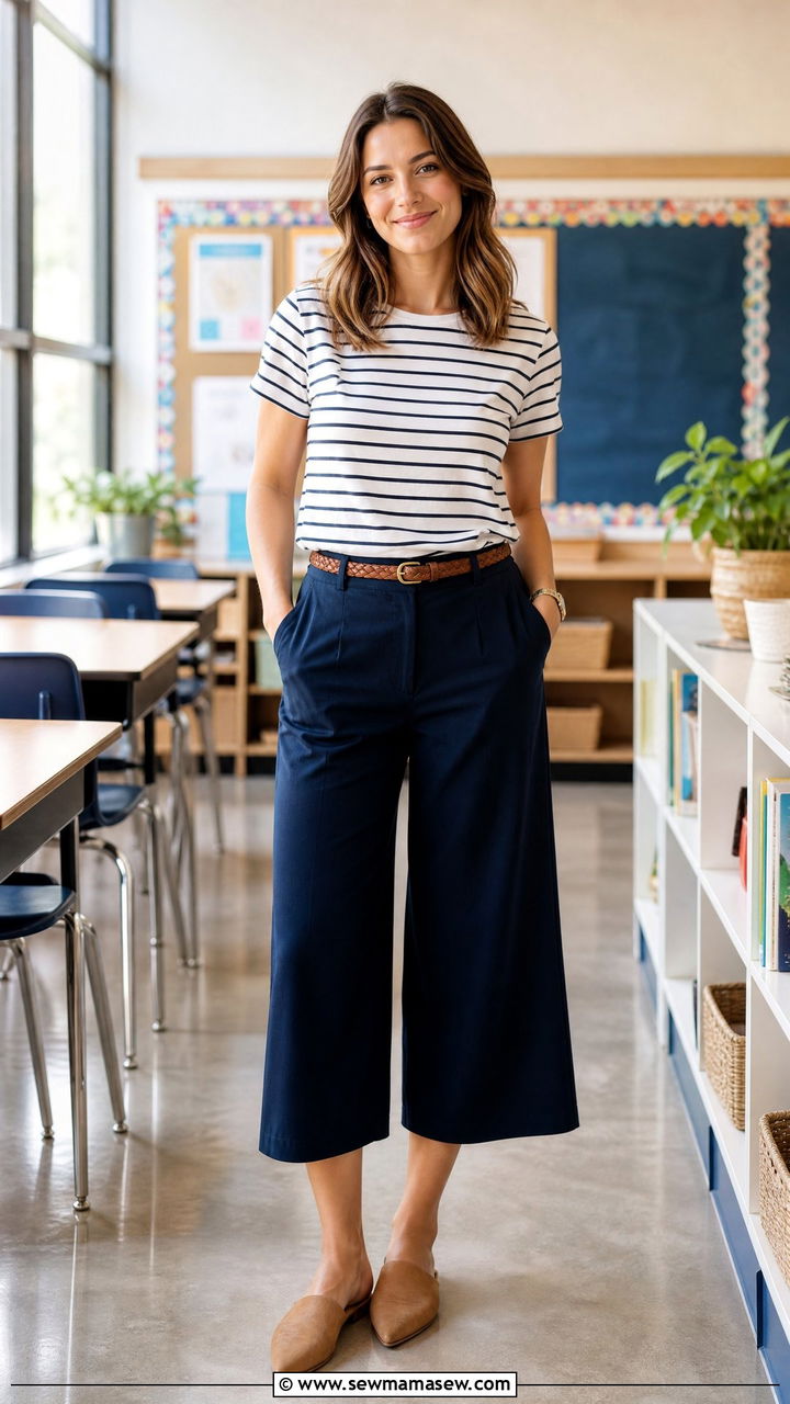 Culottes and striped top teacher outfit - 30 summer teacher outfit ideas