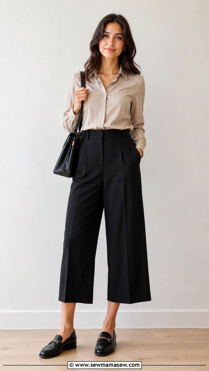 Culottes with Fitted Blouse and Loafers - 25 work outfits inspo