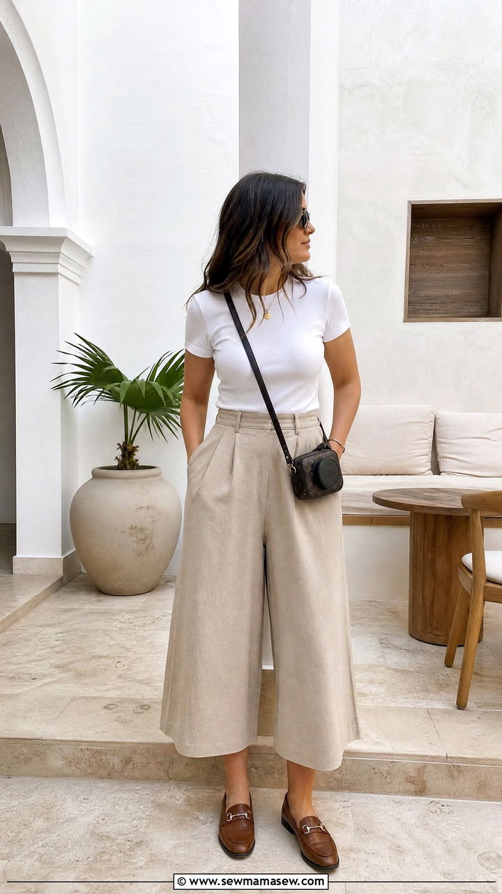 Culottes with Fitted Tee and Loafers - 35 Hotel brunch outfit ideas