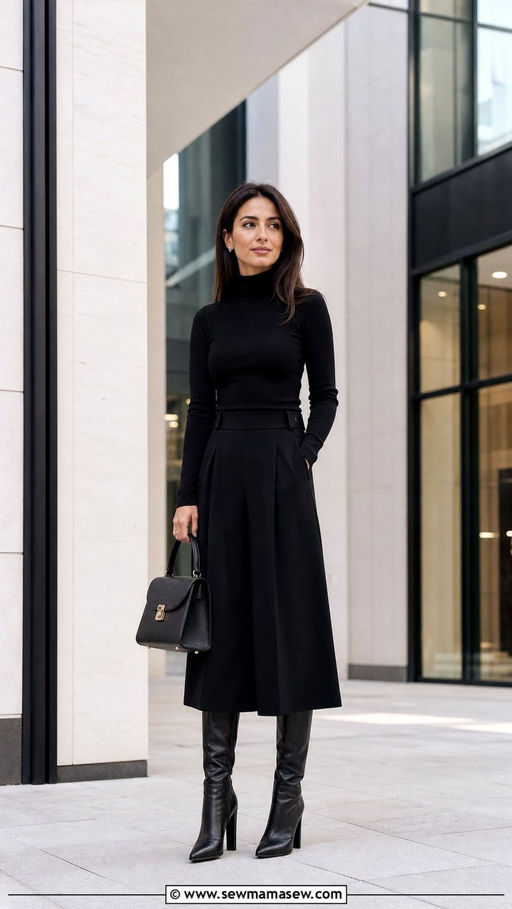 Culottes with Knee High Boots in Monochrome - 25 Early March outfit ideas