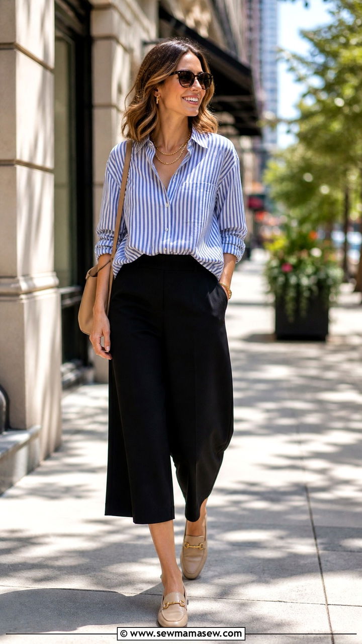 Culottes with Striped Button Down - 40 cute work outfits