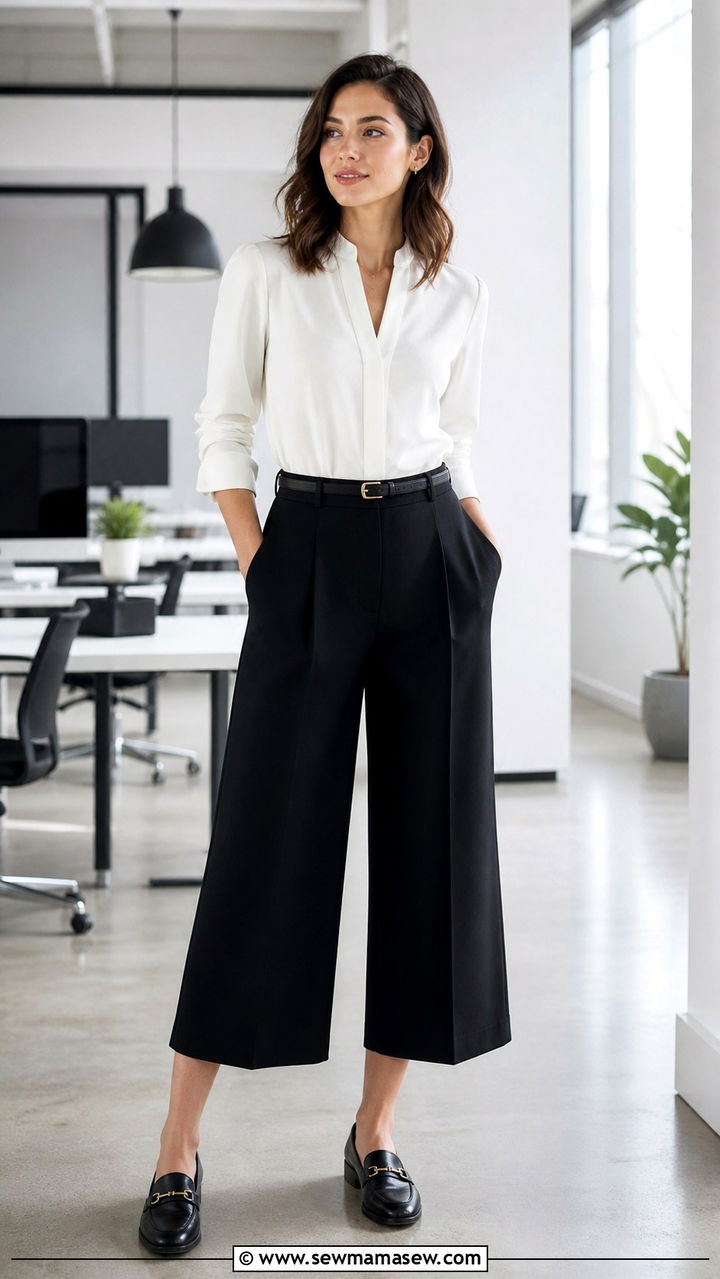 Culottes with Structured Blouse and Loafers - 40 classy office outfit ideas
