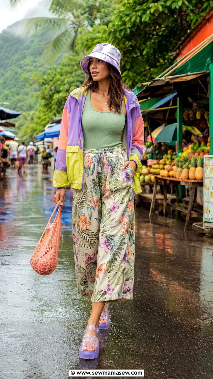 Culottes with Tank Top and Windbreaker - 30 Rainy vacation outfit ideas