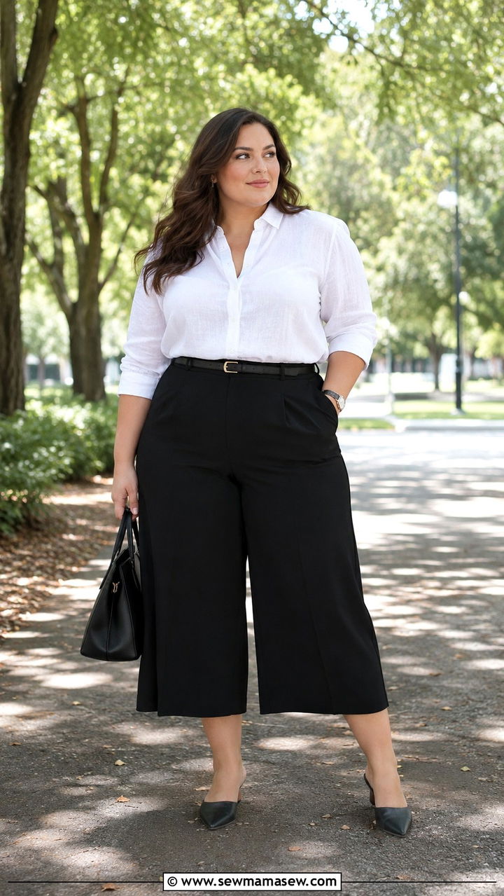 Culottes with Tucked In Shirt - 30 Plus size business casual outfit ideas