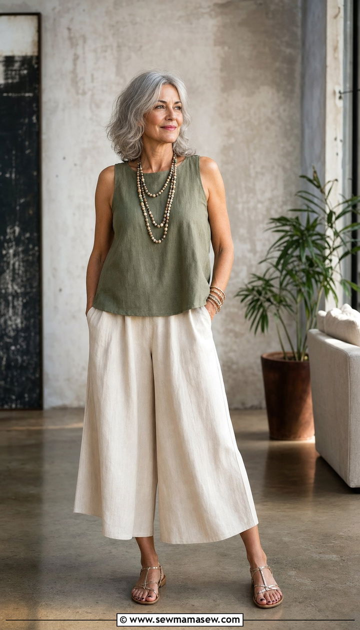 Culottes with a Sleeveless Linen Top and Strappy Sandals - 25 Family reunion outfit ideas for women over 50
