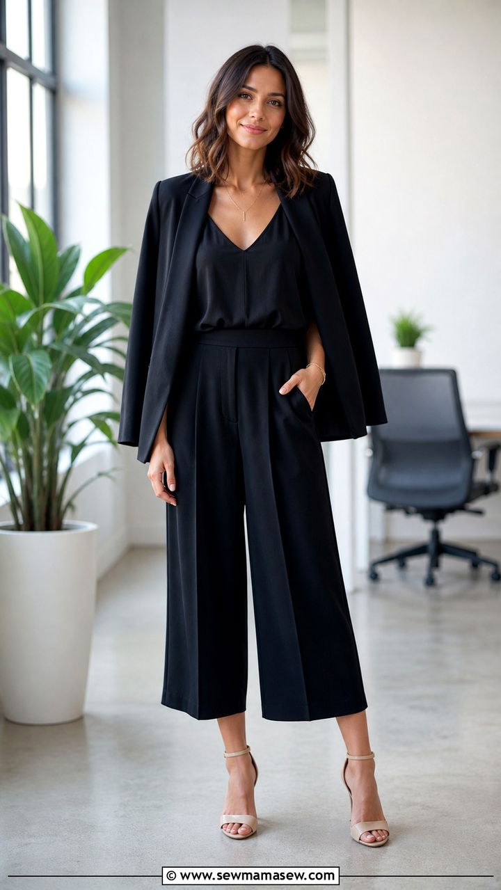 Culottes with draped blazer and heeled sandals - 40 casual office outfits