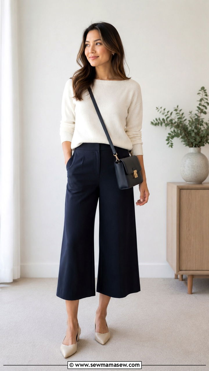 Culottes with lightweight boatneck sweater - 30 Spring capsule wardrobe for work