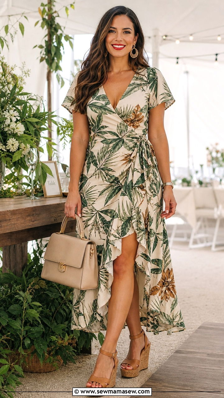 Curve friendly wrap dress with wedges and a structured handbag - 40 What to wear in summer