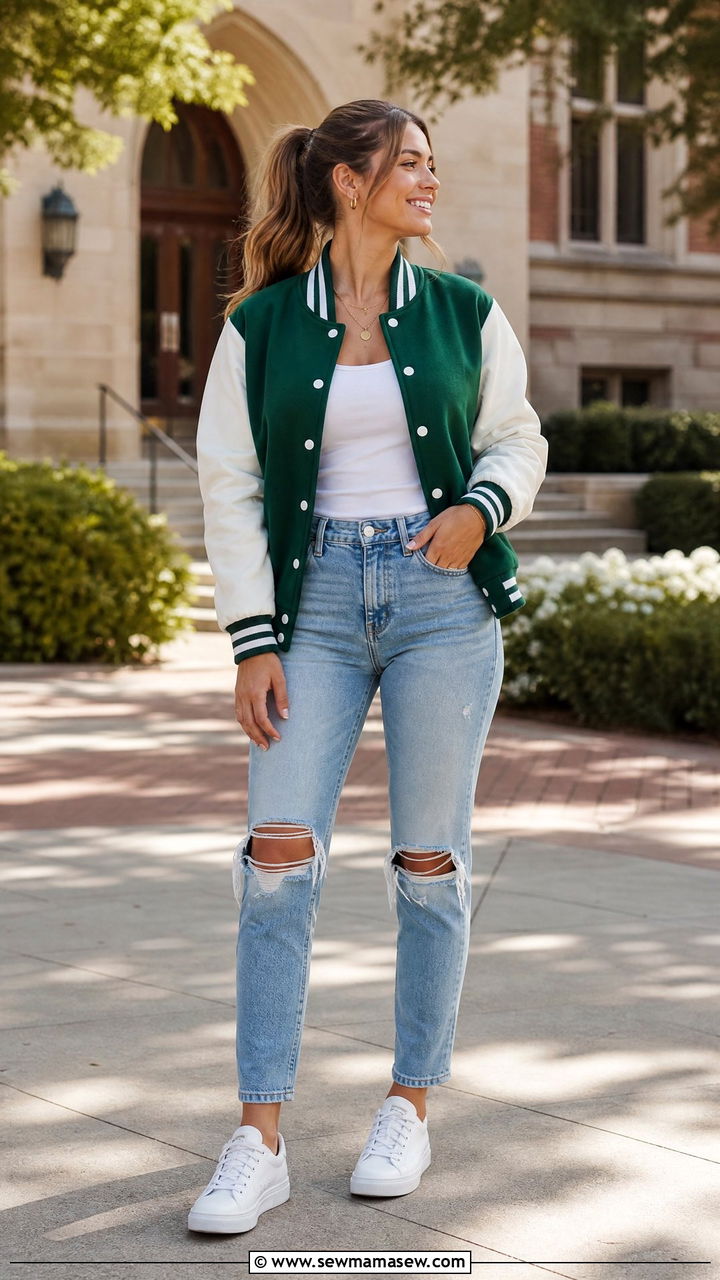 Custom varsity jacket outfit with ripped jeans - 25 Gameday outfit ideas HBCU