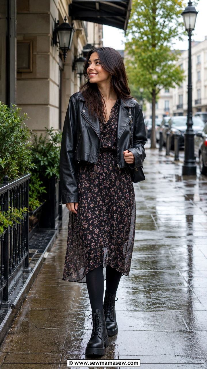 Cute Rainy Day Dark Floral Dress With Combat Boots - 30 cute rainy day outfits